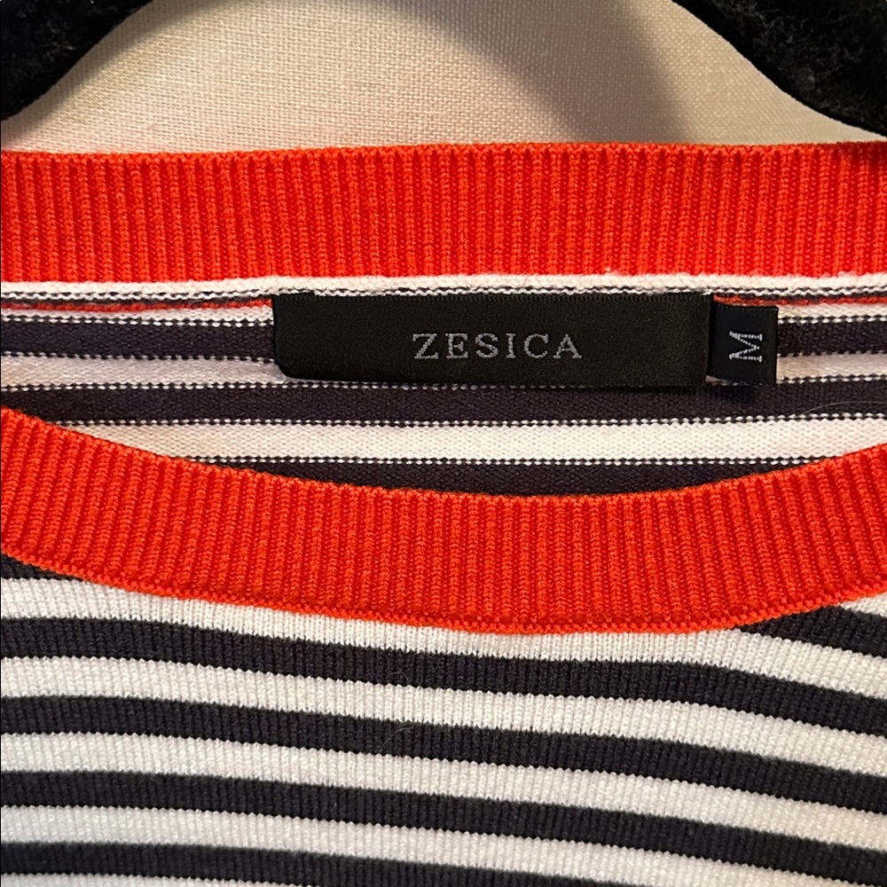 Jessica Black and White Striped Sweater with Orange Trim, size medium - Picture 3 of 13